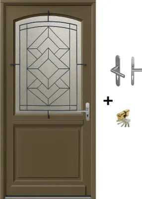 Image de Porte d'entree Bois vitree, Elsie, Vert RAL7002, H215 x L90 p.Gauche + Poignee Et Barillet (ref : N158RPL -IN158RCI)