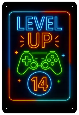 Produktbild von Blechschild 20x30cm Level Up 14 Gaming Geburtstag Neon Controller Motiv Metallschild Gamer Deko Kinderzimmer Geschenk AstraDesign