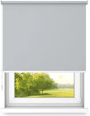 A roller blind is shown partially lowered over a window, revealing a landscape view of trees and a field.
