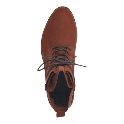 A top-down view of a single brown boot.