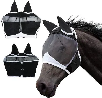 Productafbeelding van Rekbaar vliegenmasker voor paarden met UV-bescherming, halfmasker voor paarden, zwart, groot