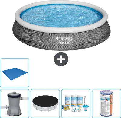 Produktbild von Bestway runder aufblasbarer Fast-Set-Pool – Rattan-Druck – 396 x 84 cm – inklusive Pumpe Abdeckung - Wartungspaket - Filter - Bodenplane