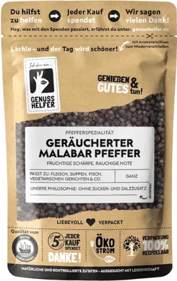 Produktbild von Malabar Pfeffer geräuchert, ganz, rauchiges Aroma, intensiver Pfeffergeschmack für die Mühle, 80g