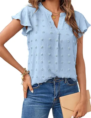 Produktbild von ASKSA Damen Sommer V-Ausschnitt Rüschen Bluse Chiffon Polka Dot Tunika Shirt, Blau, M