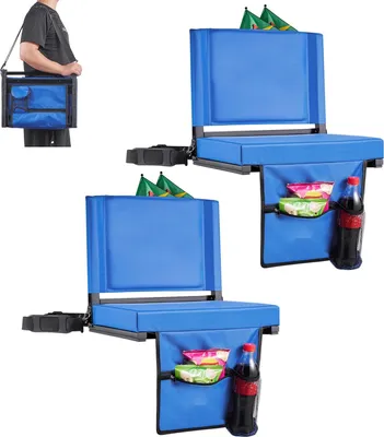 Immagine prodotto di Sedile da stadio e tribuna - Set di 2 sedili pieghevoli - Imbottiti - Schienale - Portabicchieri - Tasca laterale - Ganci di fissaggio - Larghezza 43,2 cm - Blu