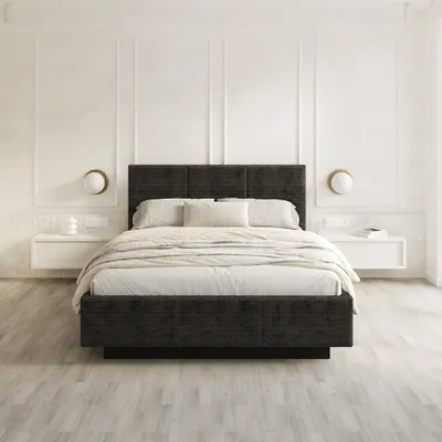 Produktbild von FDM Bett ALMADA Cord 180x200 cm Polsterbett mit Lattenrost aus Metall Bettkasten Stauraumbett Samt schwarz