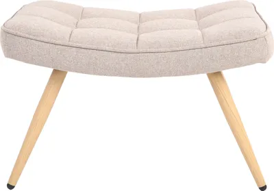 A beige upholstered ottoman with wooden legs on a white background.