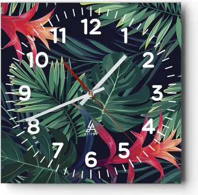 Produktbild von Wanduhr - Quadrat - Glasuhr - Exotisch Blumen Blätter - 40x40cm - Schleichendes Uhrwerk - Lautlos - zum Aufhängen bereit - Dekoration Modern - Wanddekoration aus Glas - C4AC40x40-4308