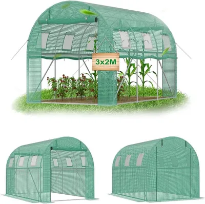 Produktbild von QEENTOE Gewächshaus Foliengewächshaus Tomatenhaus Folientunnel mit verzinktem Stahlrahmen, Winterfest Treibhaus Gartengewächshaus, 300x200x200cm