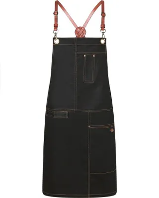 A black apron with brown leather straps is shown against a white background.