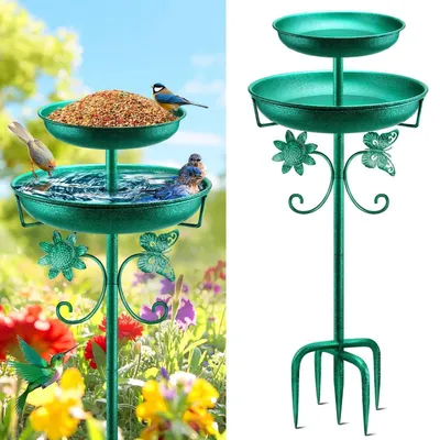 Productafbeelding van Vogeldrinkbak, staand, 2-in-1, metalen vogelbad en voerbak, waterbak, groen