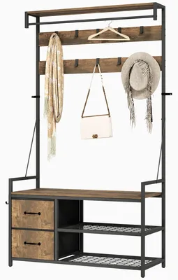 Produktbild von Industrie-Stil, Garderobenständer 6-in-1 mit Schuhregal, 10 Haken, 2 Stoffschubladen, Metall | Braun-Schwarz | 100x40x180 cm