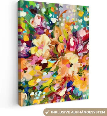 Produktbild von MuchoWow® - Leinwandbilder - Gemälde - Ölfarbe - Blumen - Regenbogen, Wandbild, Wanddeko Bilder Wohnzimmer, 90x120 cm