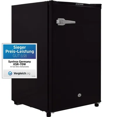 A black retro mini refrigerator is shown against a white background. A blue and white badge with German text is overlaid on the left side of the refrigerator.