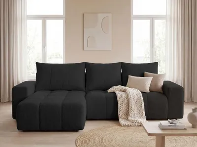 Produktbild von GrainGold Ecksofa L-Form Bresso - Ecksofa mit Schlaffunktion, Bettkasten - Moderne Ecksofa, Wohnzimmer Sofa - Eckcouch mit Bouclé-Stoff - Schwarz