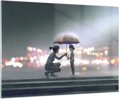 Produktbild von Bilder auf glas - Einteilig - Manga Regenschirm Hilfe - 100x70cm - Glasbilder - Wandbilder - Bilder - zum Aufhängen bereit - Wanddekoration aus Glas - Glas Bilder - Wandbild auf Glas - GAA100x70-4741