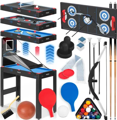 A collage of various game tables and accessories, including a ping pong table, air hockey table, pool table, basketball hoop, archery set, and billiards balls.
