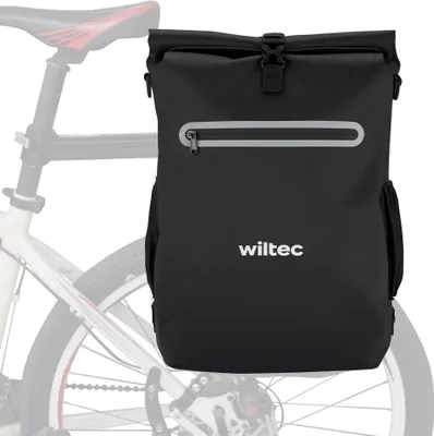 Produktbild von Wiltec Gepäckträgertasche schwarz, Fahrradtasche Rucksack 20 l Stauraum, Gepäcktasche mit Laptopfach, wasserresistente Fahrrad Tasche