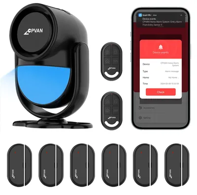 Produktbild von CPVAN WiFi Alarmanlage Haus mit PIR-Bewegungsmelder,Drahtloses DIY-Smart-Alarmsystem mit 6 Tür-/Fenstersensoren für Sicherheit – Lokalaler Alarm & App-Benachrichtigung, Schwarz – Schwarz - 1+2+6