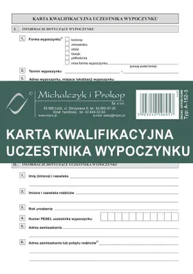 Zdjęcie produktu dla Karta kwalifikacyjna uczestnika wypoczynku A-152-3 20 sztuk broszurowa 144x206 mm