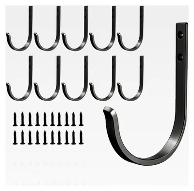 Produktbild von 10 Stück Garderobenhaken, Metall Wandhaken zum Schrauben, J-Haken Schwarz für Gartengerätehalter, Garagen und Badezimmer