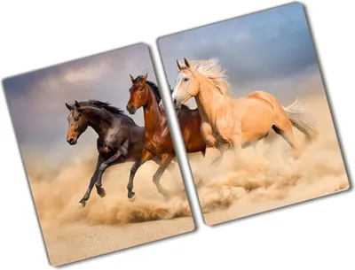 Produktbild von Tulup Glas Herdabdeckplatte - 2x40x52 cm - Glaskeramikkochfeld-Abdeckung Spritzschutz Glasabdeckplatte Kochplattenabdeckung und Schneidebrett - Zweiteilig - Tiere - Pferde im Galopp - Beige