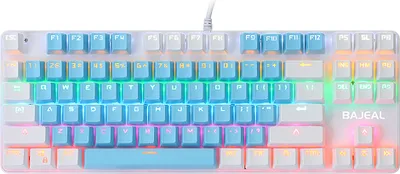 Produktbild von BAJEAL 87 Tasten Kabelgebundene mechanische Tastatur Mechanische Tastatur mit gemischtem Licht und mechanischem blauen Schalter Aufhaengungstaste Blau + Weiss
