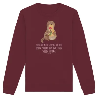 Produktbild von Mr. & Mrs. Panda Bio Baumwoll Pullover Otter Blumenstrauß Größe M - Burgundy - Geschenk, Süß, Sweater, Achtsamkeit, Sweatshirt, Pulli, Selbstliebe, Positiv