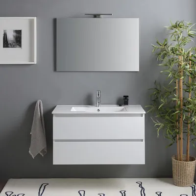 Immagine prodotto di Mobile bagno sospeso 90cm 2 cassetti bianco lucido, specchio e lampada | Benaco