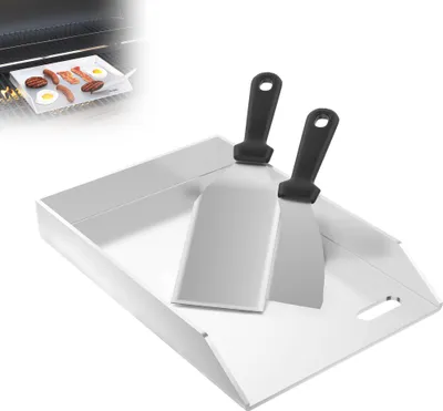 Produktbild von LZQ Edelstahl Grillplatte 30x20x4 cm, Gleichmäßige Wärmeverteilung für Gas- & Kohlegrills, Ohne Henkel – Inkl. 2x Grillspachtel, Rostfrei & Kratzfest – Ideal für BBQ & Grillpartys
