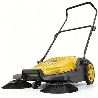 Immagine prodotto di VEVOR Spazzatrice Manuale a Spinta da Giardino, Spazzarifiuti non Elettrica con Larghezza Pulizia 650 mm, Contenitore da 18,9 Litri e Manico Pieghevole Regolabile, Colore Giallo, per Cortili Garage