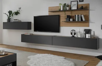 Produktbild von Wohnwand "Center" in grau matt und Wotan Eiche 4-teilig 400 x 180 cm mit XXL TV Lowboard