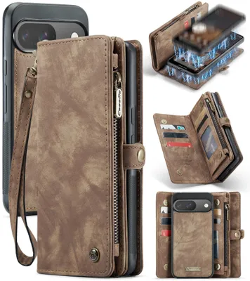 Image de Etui pour Google Pixel 10 / Pixel 10 Pro, étui en cuir multifonctionnel vintage avec fentes pour cartes et fermeture éclair marron