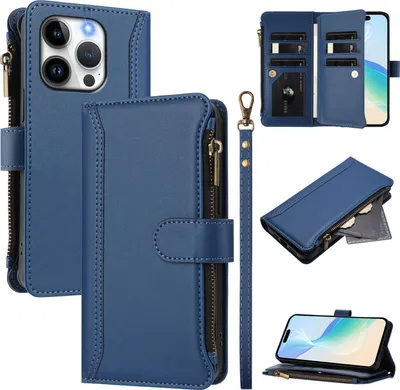 Image de Etui pour iPhone 14 Pro, zippé, étui portefeuille en cuirPolyuréthaneavec pochettes pour cartes, support et dragonne bleu