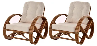 Produktbild von 2er Set Sessel für Wintergarten aus Natur-Rattan mit Polsterung (Hellbraun)