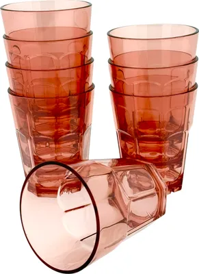 Zdjęcie produktu dla 8 plastikowych szklanek do picia - 390 ml - czerwone, przezroczyste - bez BPA - 9 x 9 x 11 cm