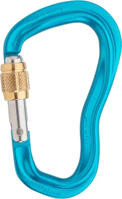 Blauer Aluminiumkarabiner mit goldfarbenem Schraubverschluss und silbernem Scharnier von Austri Alpin
