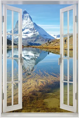 Produktbild von Wallario Wandbild mit Fenster-Illusion: Matterhorn - Spiegelung im See, Größe: 61 x 91,5 cm, Poster mit weißem Aluminiumrahmen