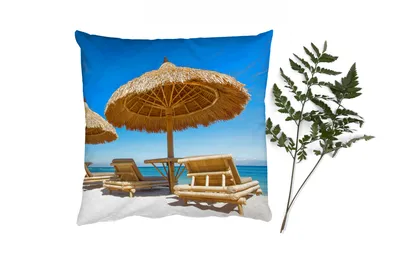 Produktbild von MuchoWow® Zierkissen Sofakissen Wohnzimmer Dekokissen 45x45 cm Strandkorb - Strand - Sonnenschirm - Meer - Sommer - Schlafpolster - Polster für das Sofa