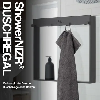 Produktbild von ShowerNIZR® Duschregal Granite Grey - Duschablage ohne Bohren für Duschwand zum Hängen aus Edelstahl mit 4 Haken
