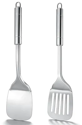Produktbild von Pfannenwender-Set aus Edelstahl, Metall, für Eier, Pfannkuchen, spülmaschinenfest, Fisch, silberfarben