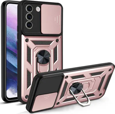 A product shot of a phone case with a sliding camera cover and a ring stand, shown from two angles.