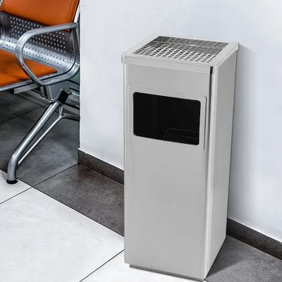 Image de cendrier sur pied 2 en 1 avec poubelle, acier, 60cm, 35L, cendrier amovible, seau intérieur, cendrier argenté