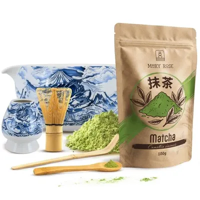 Produktbild von Mary Rose - Matcha Tee Set 100g - Pulver Grüner Tee - Keramik Weiß-Blau Dragon Matchawan Schale 350ml, Kusenaoshi Besenhalter - Bambus Chasen Besen