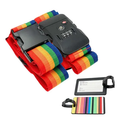 Immagine prodotto di Cinghia per bagagli Intirilife con lucchetto a combinazione e targhetta con nome nei colori dell'arcobaleno - 200 - 100 x 5 cm / 145 - 171 x 5 cm - Cinghia per bagagli con targhetta e lucchetto a combinazione TSA