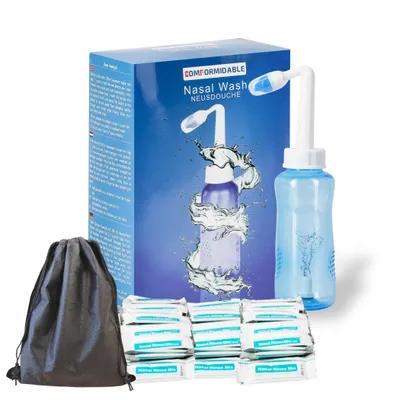Immagine prodotto di Kit completo per la doccia nasale, con 90 bustine di soluzione salina per l'igiene nasale