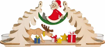 Produktbild von Drechslerei Kuhnert - Bastelset Schwibbogen Teelichthalter Motiv Weihnachtsmann mit Elch - 10192