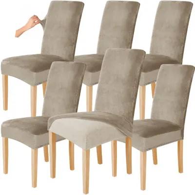 Produktbild von Stuhlhusse Stretch Beige - Samt - 6 Stück - Universal - Esszimmer Stuhlbezug