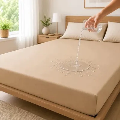 Zdjęcie produktu dla Prześcieradło wodoodporne beżowe 140X200 cm bawełna gumka dla dzieci
