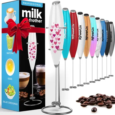 Produktbild von PowerLix Milchschäumer Elektrisch - mit Edelstahlständer 15-20s,19000 rpm Batteriebetriebener für Kaffee, Latte, Cappuccino, Kakao, Herzen